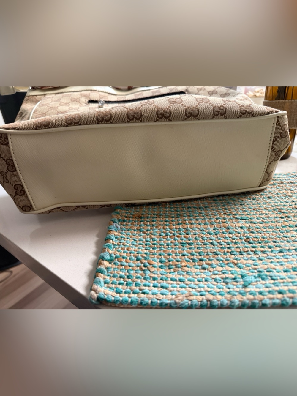 Beige Monogram Canvas Tote with Cream Trim and Scarf Accent - Picture 9 of 9